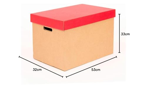 ONLY BOXES, Cajas de almacenamiento con tapa roja mate, Cajas para mudanza y almacenaje de cartón con asas, Cajas se cartón muy resistente, 53.2x33.1x32.5 (largo x ancho x alto) en cm, 2 Unidades