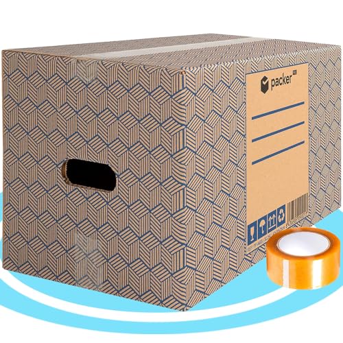 packer PRO Pack 20 Cajas Carton Mudanza y Almacenaje Ultra Resistentes con Asas y Cinta Adhesiva 430x300x250mm